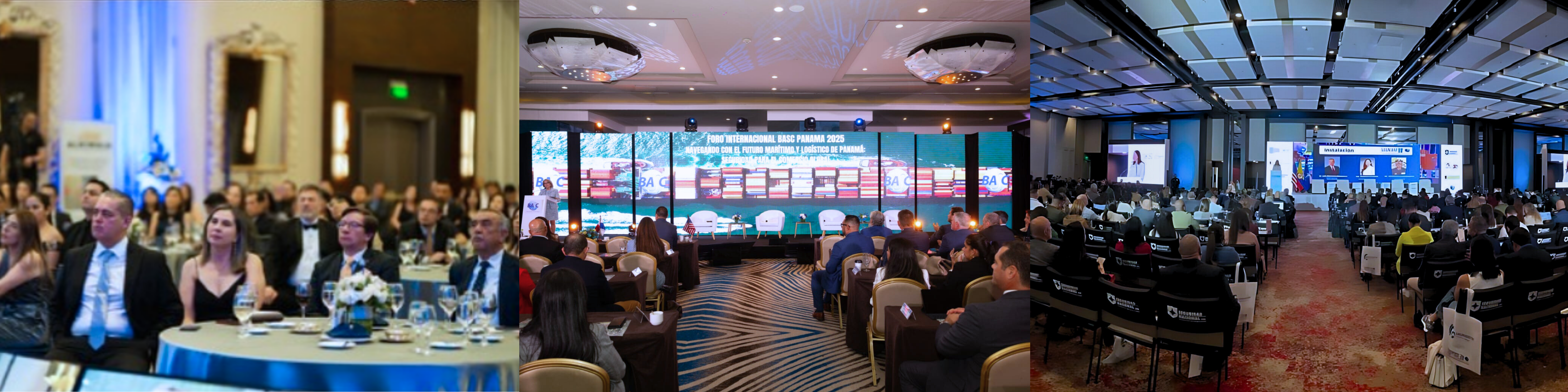 Left to right: Images of the celebration of 25 years of BASC Pichincha, the BASC Panama 2025 International Forum, and the BASC Colombia 2025 National Conference. 